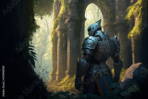 Gloomy medieval knight from the back, ruins in the forest in the background. Generative AI © Deivison