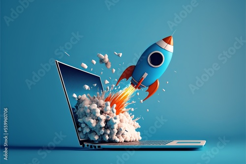 Rocket coming out of laptop screen, blue background. AI digital illustration