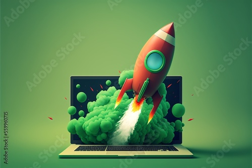 Fototapeta Rocket coming out of laptop screen, green background