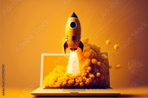 Valokuvatapetti Rocket coming out of laptop screen, orange background