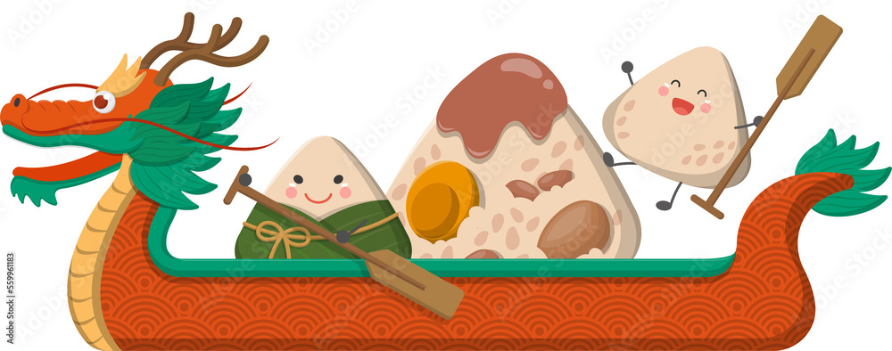 Fototapeta premium Chinese Festival: Dragon Boat Festival Dragon Boat and Zongzi Comic Cartoon Character Mascot