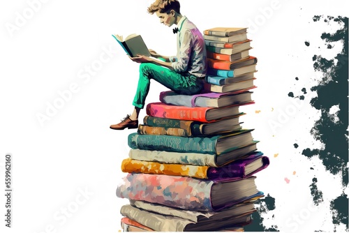 A man reads sitting on a mountain of books
