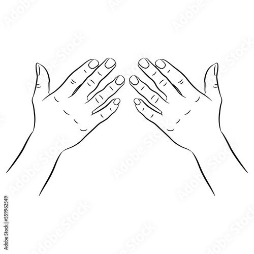 Two raised up human hands with open fingers. Praying gesture. Cartoon style. Black and white linear silhouette.