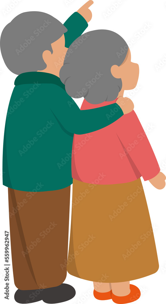 Cartoon comic vector of an elderly couple with their backs facing away