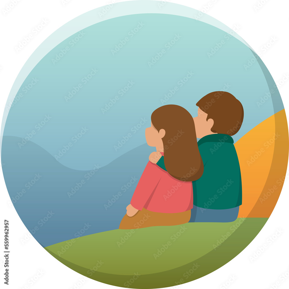 Cartoon comic vector of young couple sitting on the hillside Cartoon comic vector of young couple sitting on the hillside