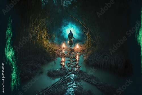 A man walks with a torch through a swamp © Анастасия Птицова