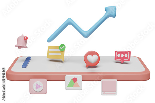 3d social media with mobile phone, smartphone icons, arrow graph isolated. online social, communication applications concept, 3d render illustration