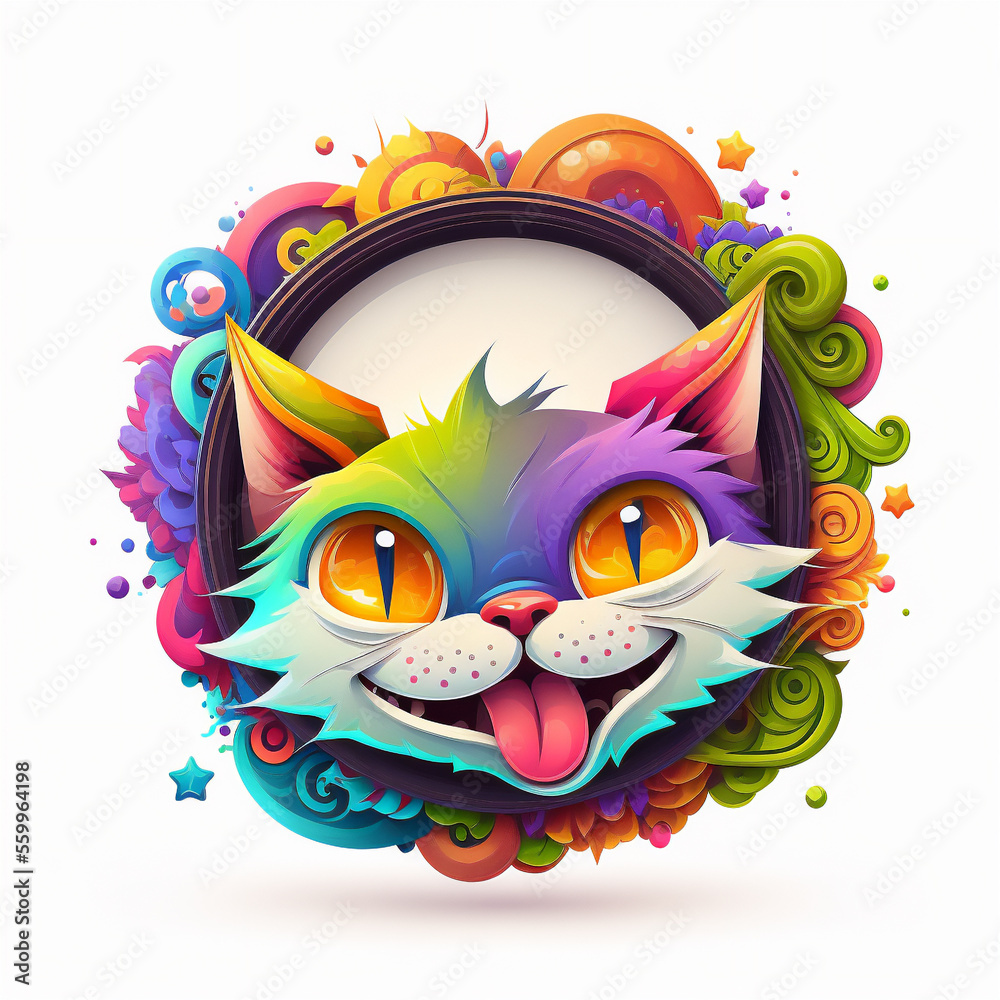 Cute cat smiling face, floral around, cartoon