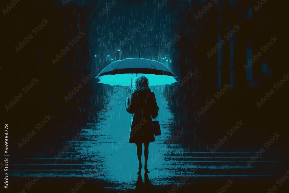 A girl in the night under an umbrella