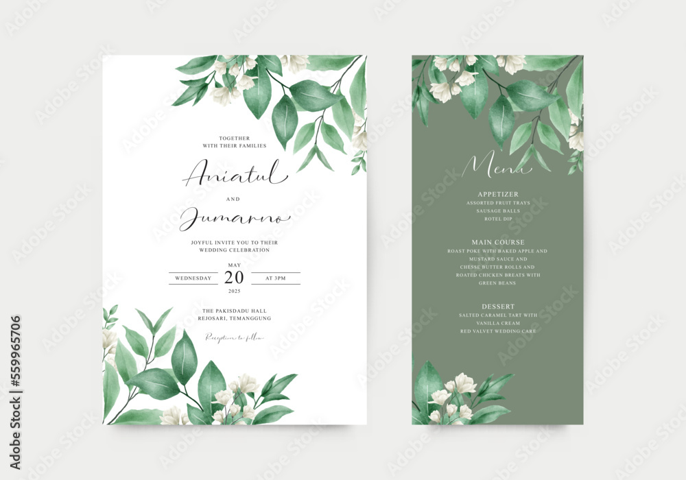 Elegant green wedding invitation with watercolor floral