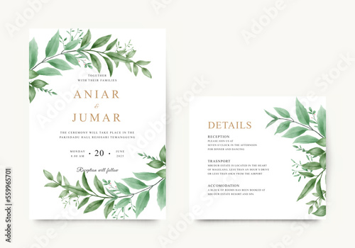 Elegant wedding invitation card with watercolor green leaves