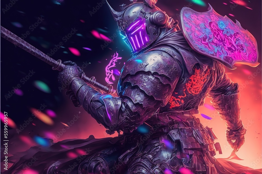 Neon knight in armor with a glowing plasma sword Stock Illustration