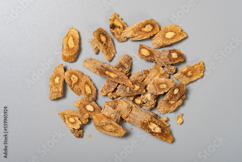 top view herb DangShenPian or Codonopsis Radix or Pilose Asiabell Root slices photo