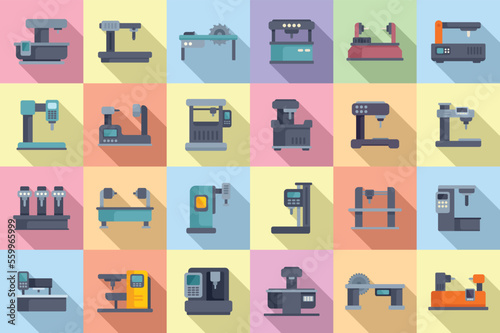 Cnc machine icons set flat vector. Mill controller. Router tool