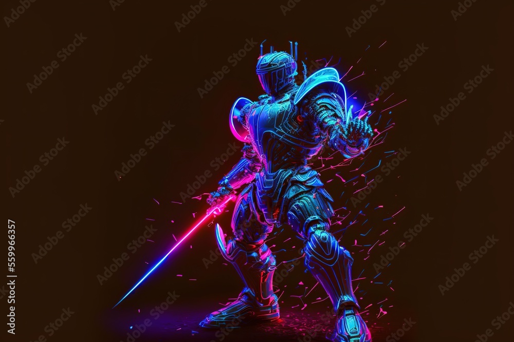 Neon knight in armor with a glowing plasma sword