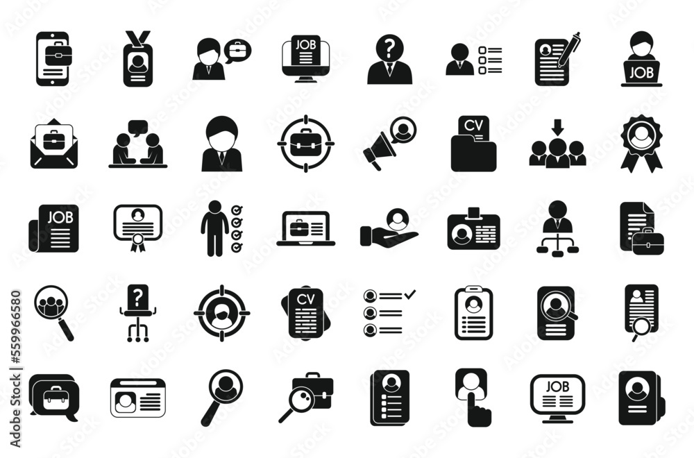 Vacancy icons set simple vector. Job cv. Hiring portfolio Vacancy icons set simple vector. Job cv. Hiring portfolio