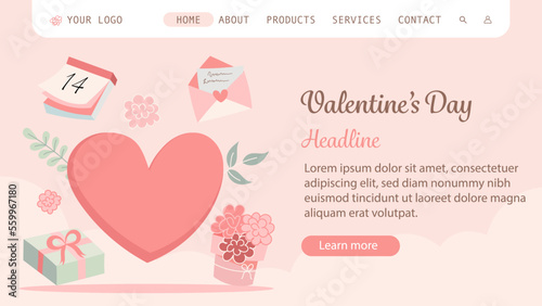 Valentine’s Day Cute Flat Design Landing Web Page with Greeting on Pastel Color. Abstract Drawing Pink Elements for February 14. Love Letter Concept. Website Template Easy Edit and Customize.