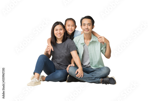 Happy smiling young asian family sitting on floor and have a fun time together, Full body isolated background