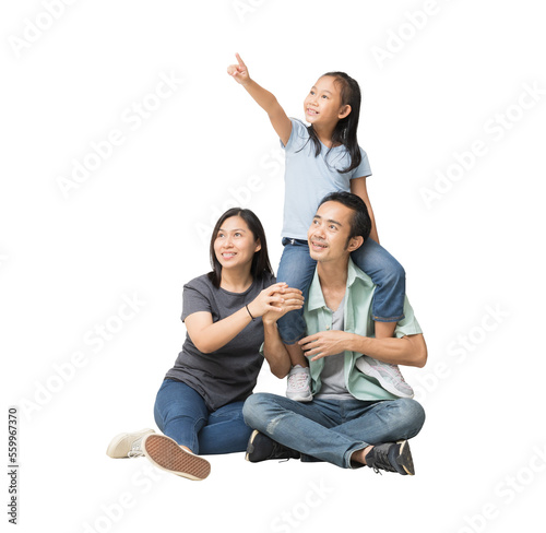 Happy smiling young asian family with neck playing sitting on floor and have a fun time together, with looking up and pointing finger blank workspace, Full body isolated background