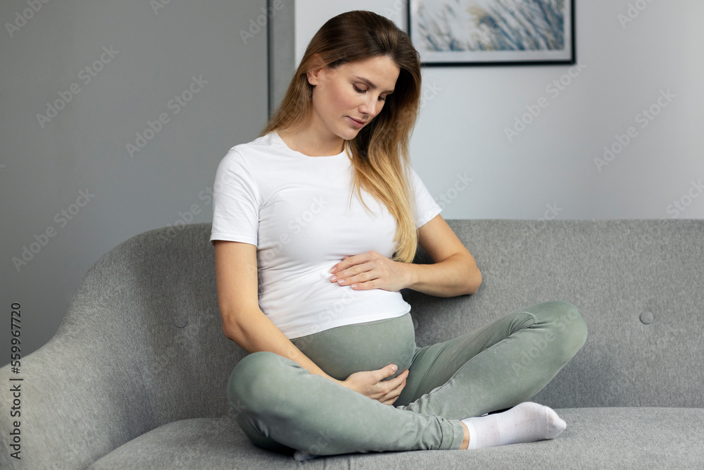 Beautiful pregnant woman sitting on the sofa and touching her belly at home. Pregnancy concept Beautiful pregnant woman sitting on the sofa and touching her belly at home. Pregnancy concept