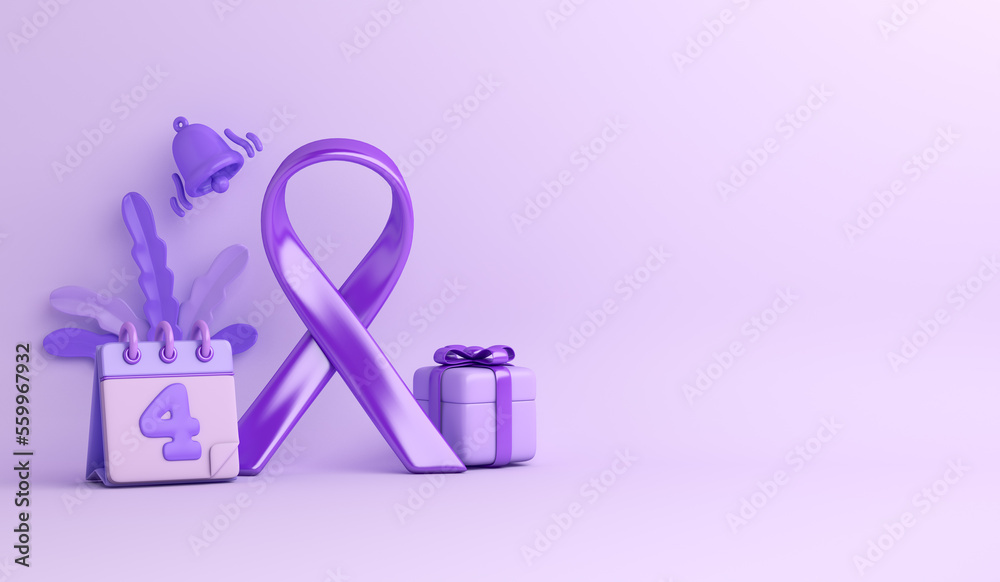 World cancer day concept with awareness lavender ribbon, gift box, notification bell, February 4th calendar decoration background, copy space text, 3d rendering illustration World cancer day concept with awareness lavender ribbon, gift box, notification bell, February 4th calendar decoration background, copy space text, 3d rendering illustration