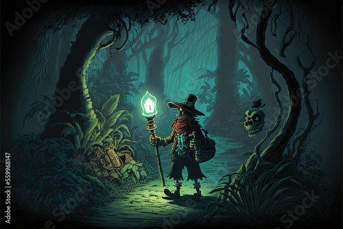 A pirate with a flashlight walking through the dark night jungle