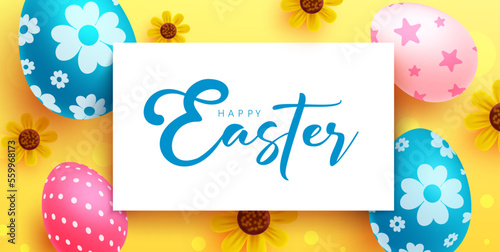 Happy easter text vector template design. Easter typography in empty white space for kids party egg hunt party decoration background. Vector Illustration. 
