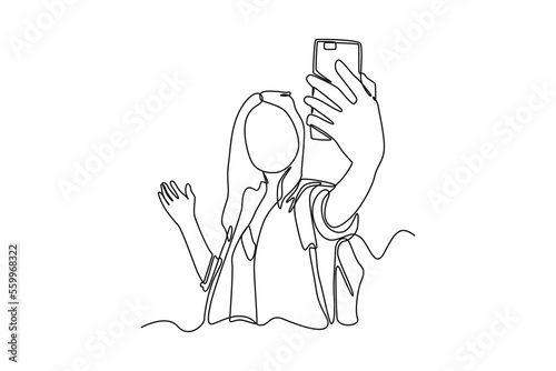 Single one line drawing young woman backpacker taking selfies on mobile phone. Vlogging concept. Continuous line draw design graphic vector illustration.