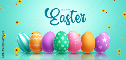 Happy easter text vector design. Easter greeting card with colorful and pattern eggs for spring holiday season background. Vector Illustration. 
