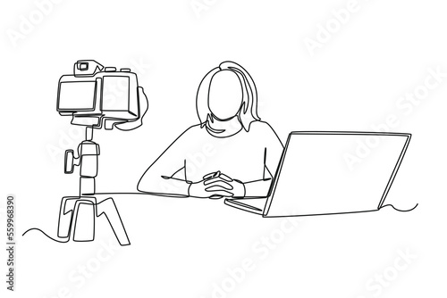 Single one line drawing happy girl recording vlog video blog at home using camera. Vlogging concept. Continuous line draw design graphic vector illustration.