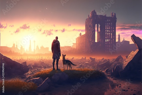 A man with a dog in a world destroyed by the apocalypse