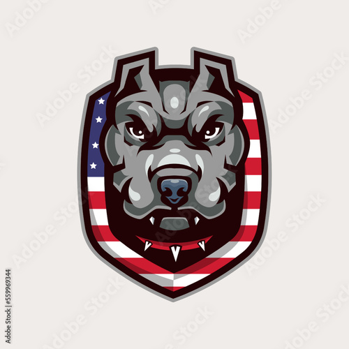 dog vector mascot logo design with modern illustration concept style for badge, emblem and tshirt printing. angry pit bull illustration with a necklace around the neck and shield american flag