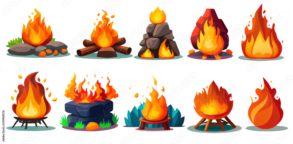 Fireplace campfires of different types. Burning wood collection, travel ...