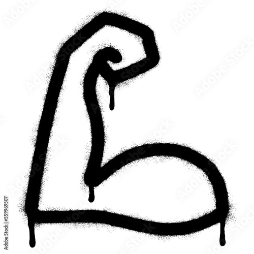 Spray Painted Graffiti Biceps icon Sprayed isolated with a white background. graffiti Strong arm symbol with over spray in black over white.