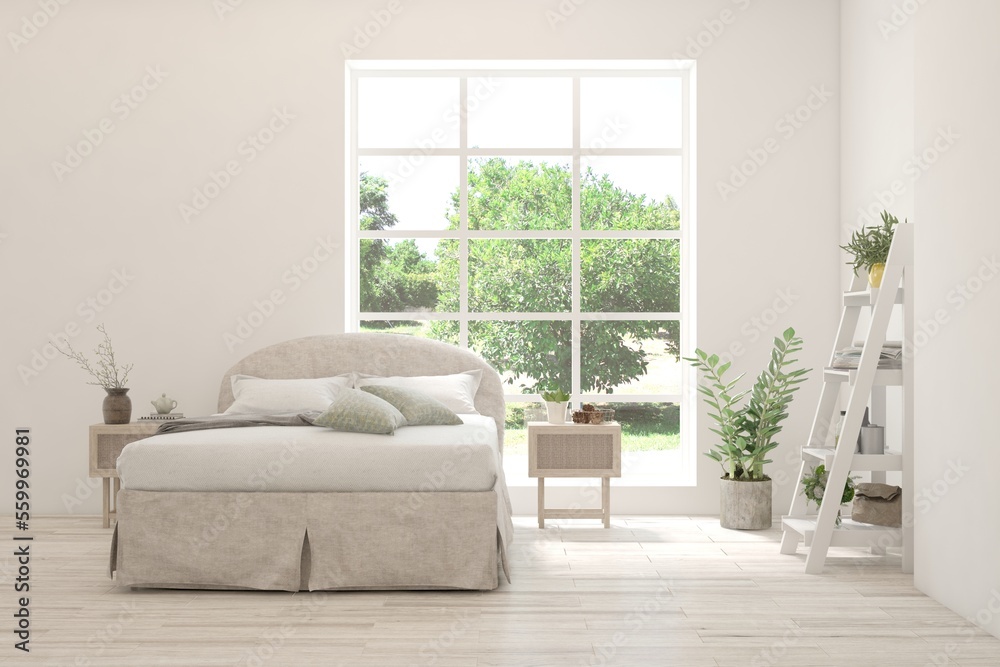 Fototapeta premium White bedroom interior. Scandinavian design. 3D illustration