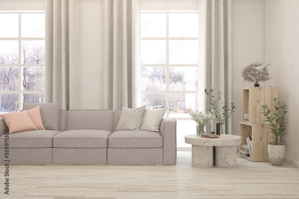 Fototapeta premium White living room with sofa and winter landscape in window. Scandinavian interior design. 3D illustration