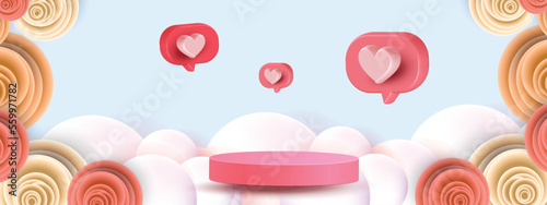 3d podium red product background for valentine.pink and heart love romance concept design vector illustation decoration banner 