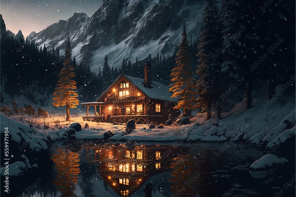 Fototapeta premium Winter Retreat: Wooden Cottage by the Lake with a Reflection of the Snowcapped Mountains