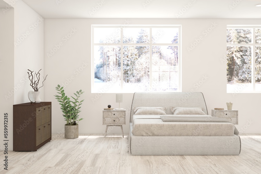 Fototapeta premium White bedroom interior. Scandinavian design. 3D illustration