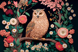 A painting of an owl sitting on a branch surrounded by flowers, Generative AI