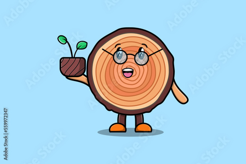 Cute cartoon illustration Wood trunk holding plant in a pot flat modern style design 