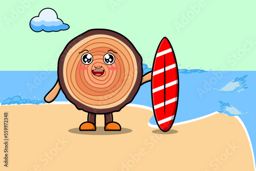 Canvas Print Cute cartoon Wood trunk character playing surfing with surfing board