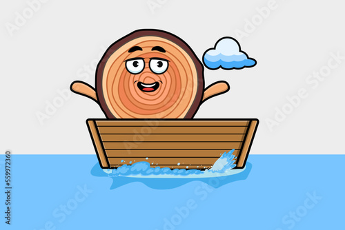 cute cartoon Wood trunk get on boat in vector character illustration