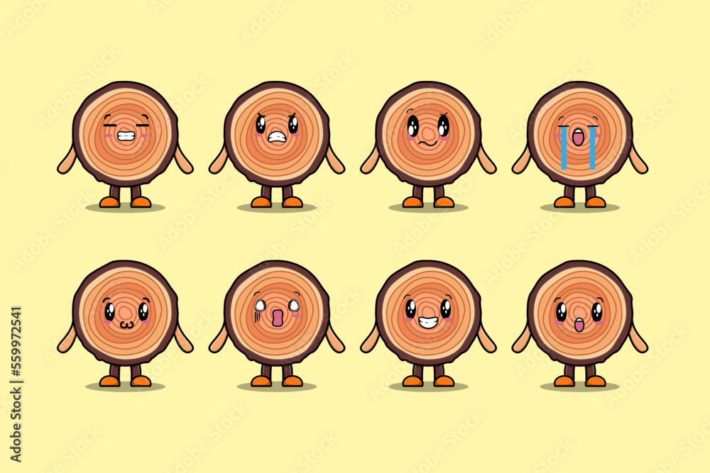 Set kawaii Wood trunk cartoon character with different expressions cartoon face vector illustrations