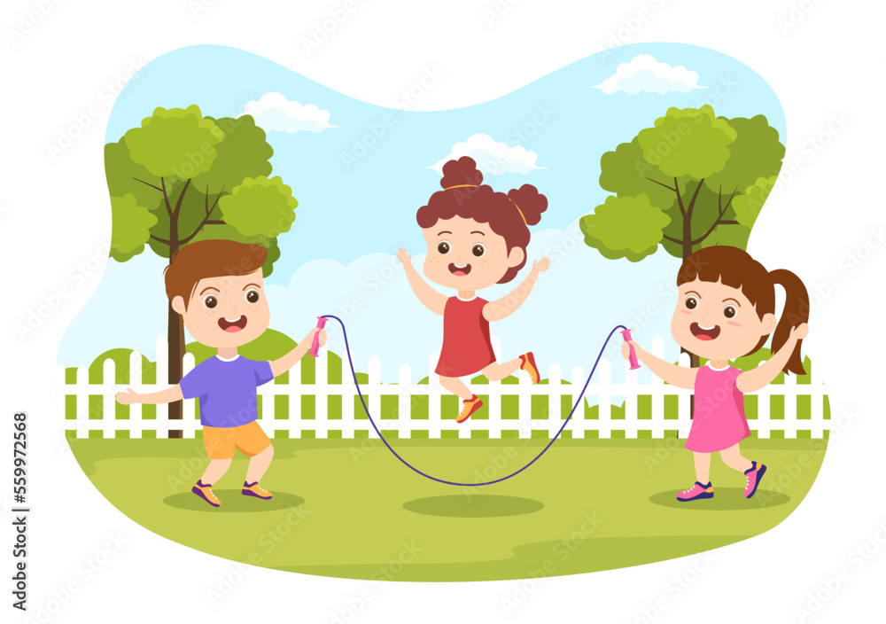 Jump Rope Illustration with Kids Playing Skipping Wear Sportswear in Indoor Fitness Sport Activities Flat Cartoon Hand Drawn Templates