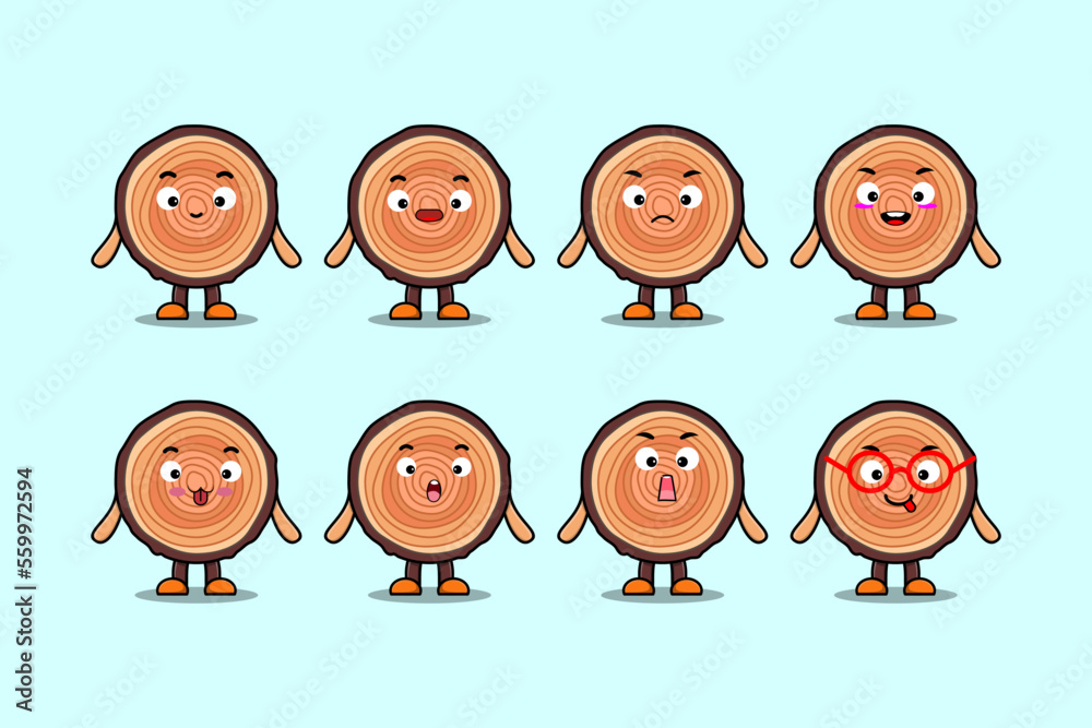 Set kawaii Wood trunk cartoon character with different expressions cartoon face vector illustrations