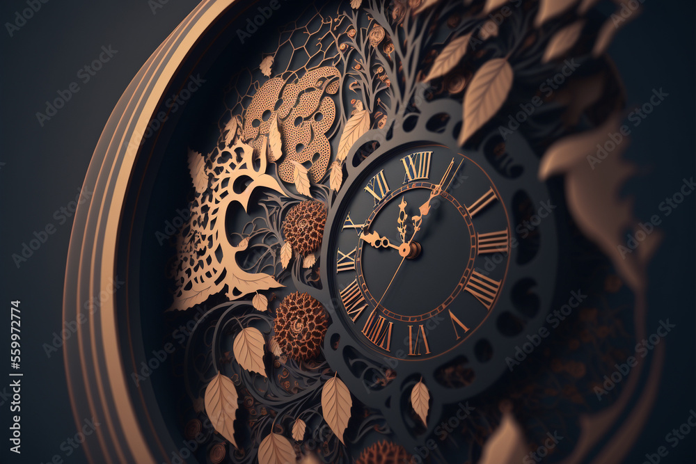A close up of a clock on a wall paper cut style, Generative AI