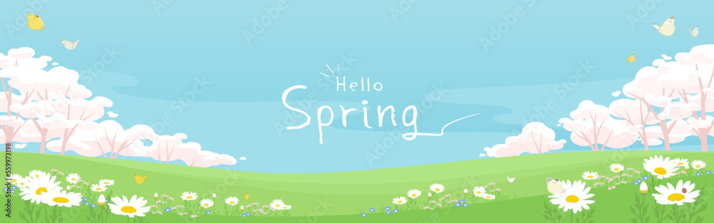 Spring flowers banner background with copy space. Vector illustration of pink cherry blossom tree and sunny sky landscape.