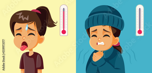 Girl Feeling Hot and Cold in Different Weather and Temperatures. Unhappy child experiencing extreme seasons suffering during winter and summer
