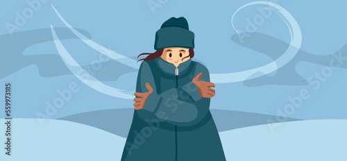 Woman Wearing Warm Clothes During Winter Blister Vector Cartoon Illustration. Shivering person feeling cold during seasonal snowstorm 
